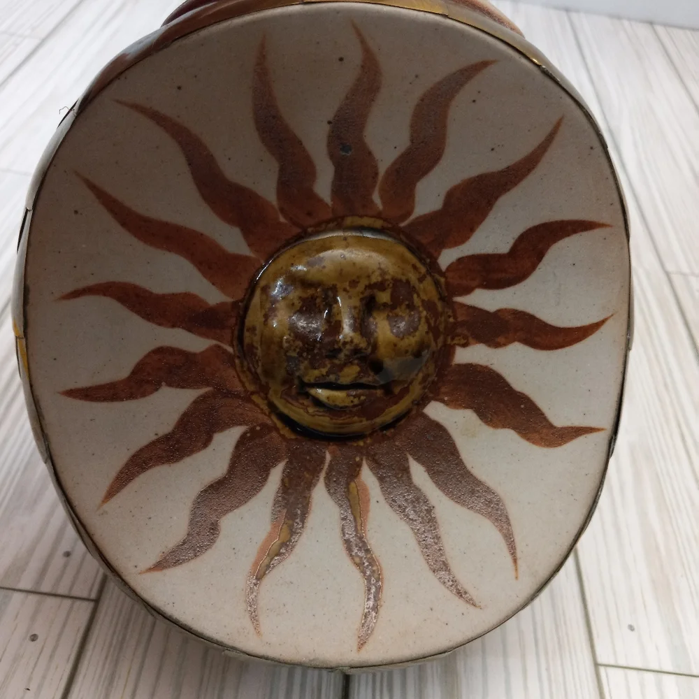Vintage Mexican Tonala Hand Painted Pottery Sun & Moon Folk Art Brass Vase